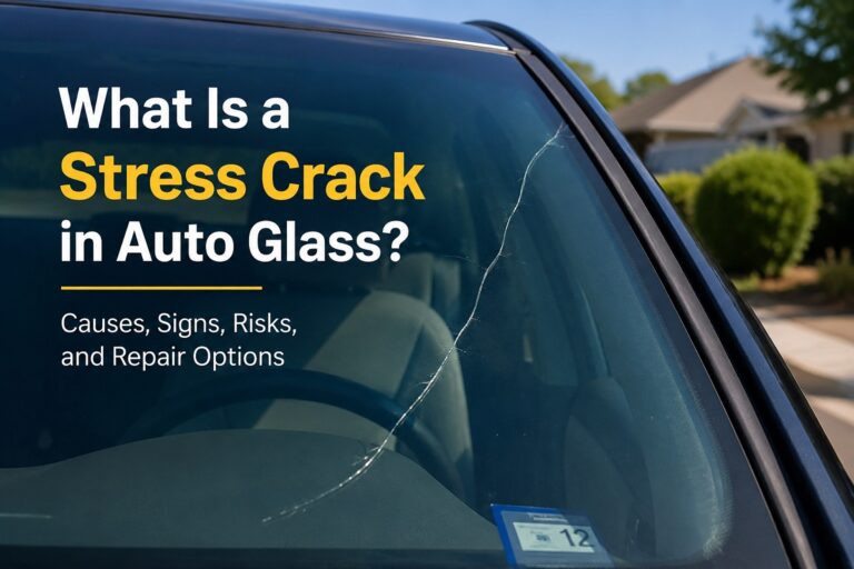 Stress crack in auto glass windshield on parked vehicle