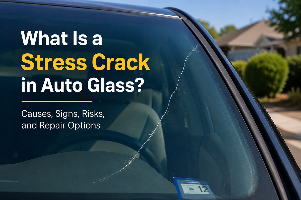 Stress crack in auto glass windshield on parked vehicle