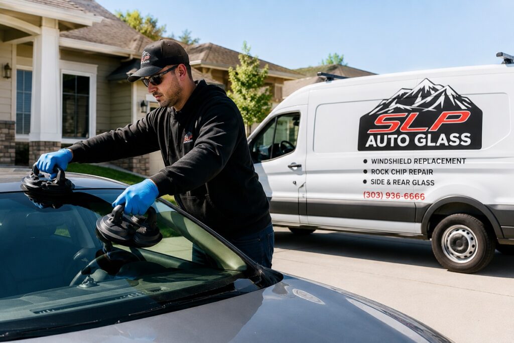 SLP Autoglass technician providing Saturday mobile windshield replacement service at a residential home.