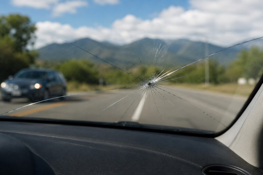 Cracked windshield affecting driver visibility on a Colorado roadway.