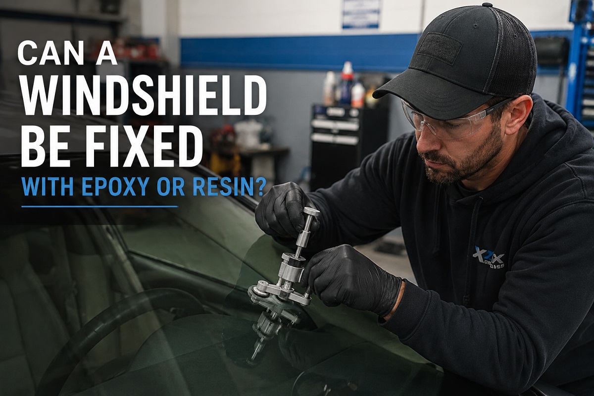 Windshield repair technician applying resin to fix a chipped windshield at SLP Auto Glass