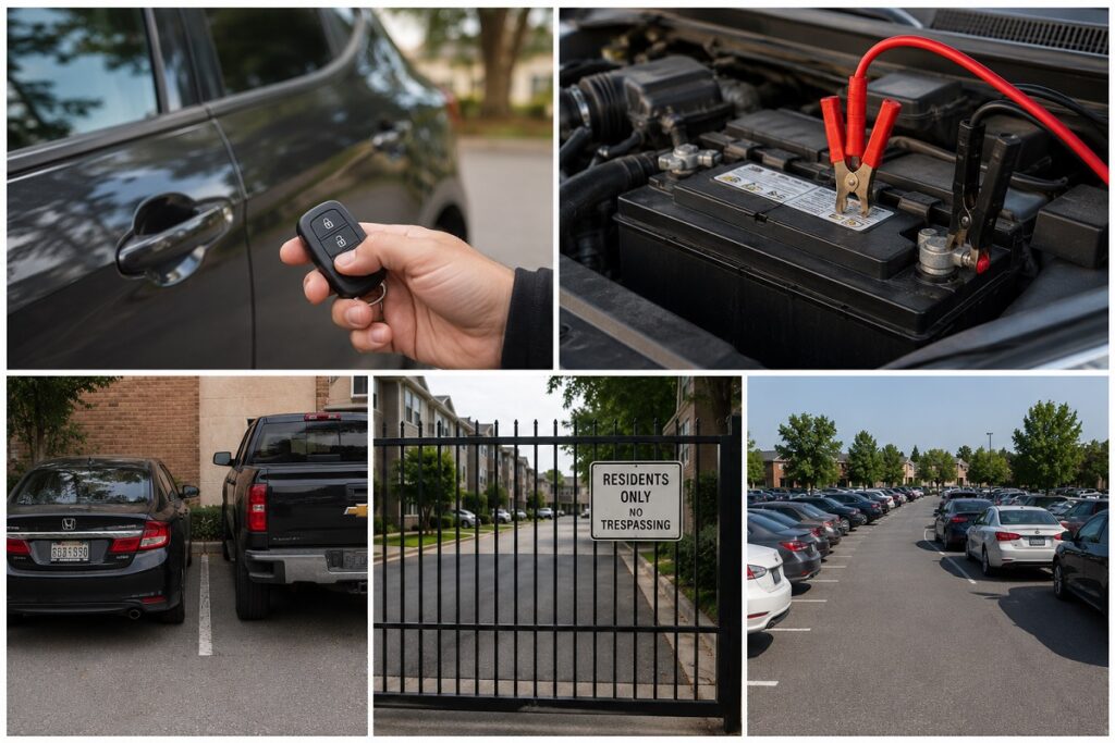 Common reasons a technician cannot access a vehicle including locked doors, dead battery, blocked parking, and restricted property access.