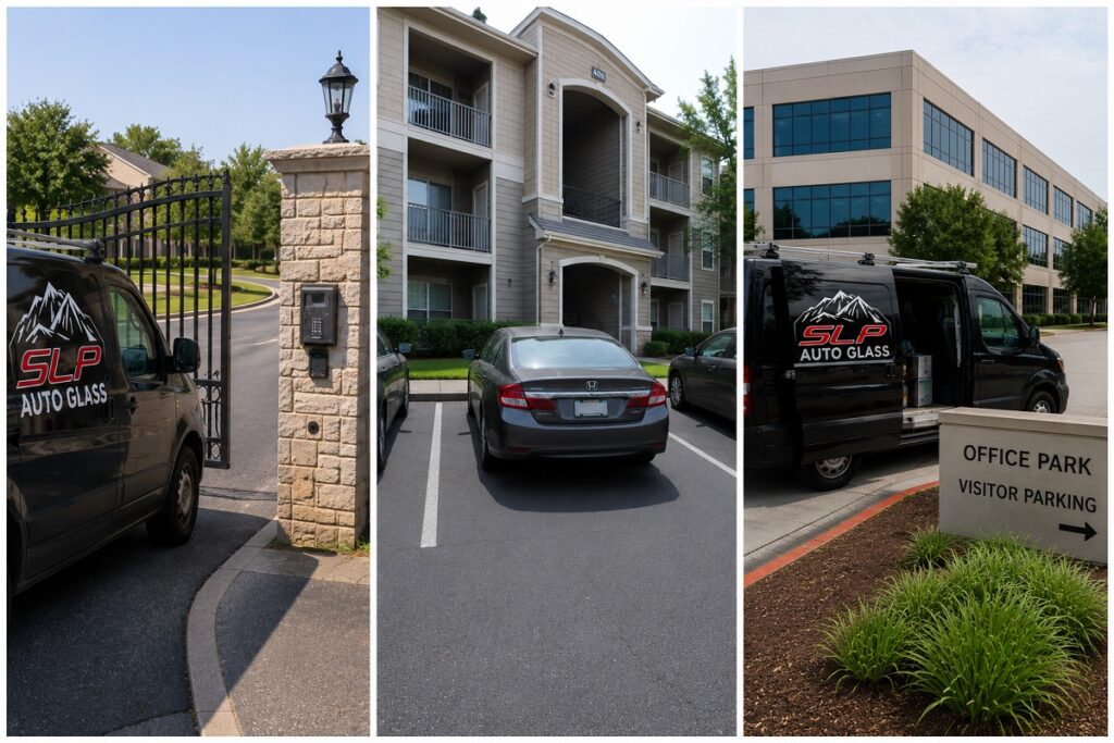 Mobile windshield replacement access challenges at gated communities, apartment complexes, and workplace parking locations.
