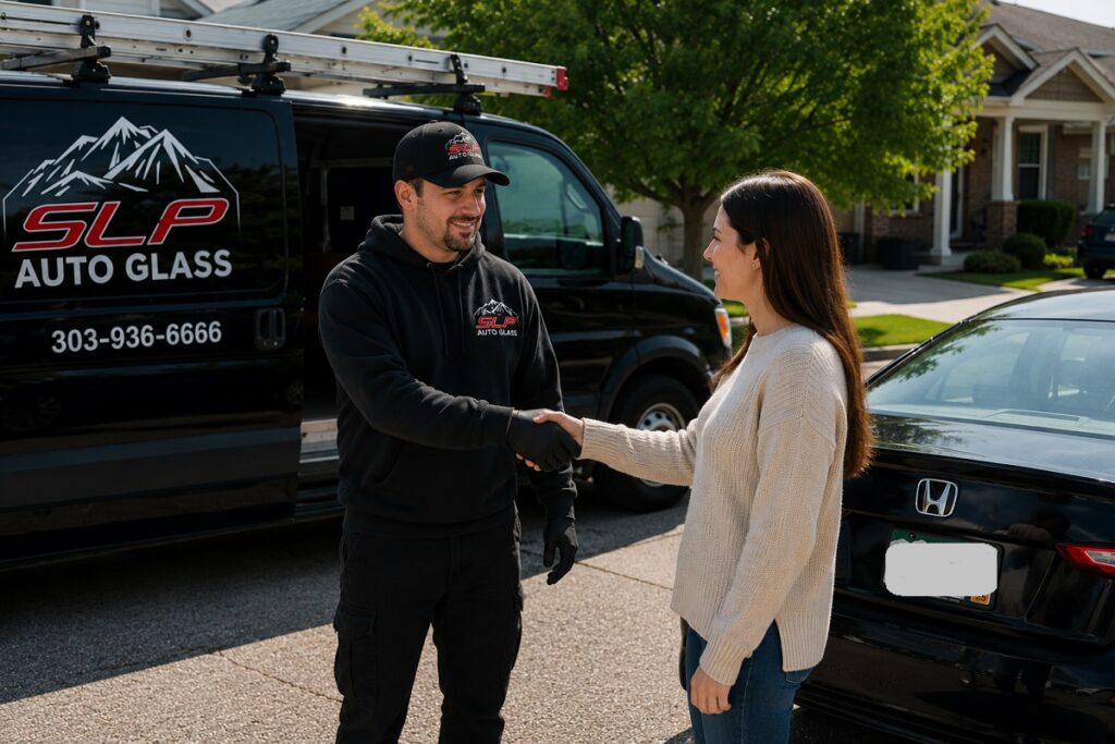 Customer and SLP Autoglass technician preparing for a smooth windshield replacement appointment