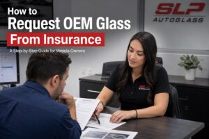 Customer requesting OEM glass from insurance with an SLP Autoglass representative reviewing the windshield replacement claim.