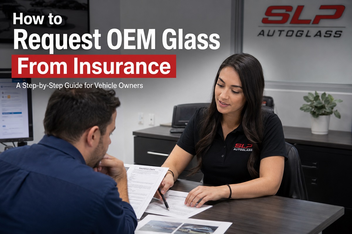 Customer requesting OEM glass from insurance with an SLP Autoglass representative reviewing the windshield replacement claim.