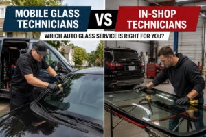 Mobile Glass Technicians vs In Shop Technicians performing professional windshield replacement services