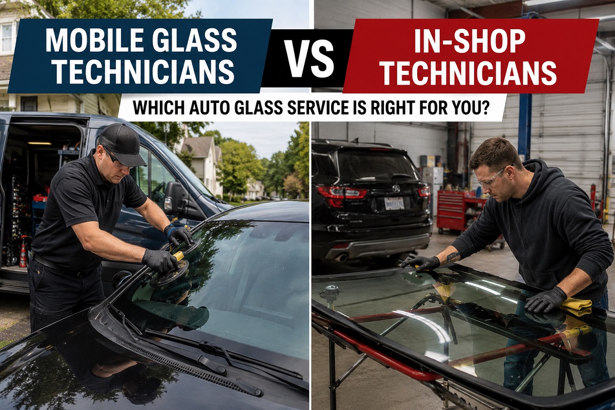 Mobile Glass Technicians vs In Shop Technicians performing professional windshield replacement services