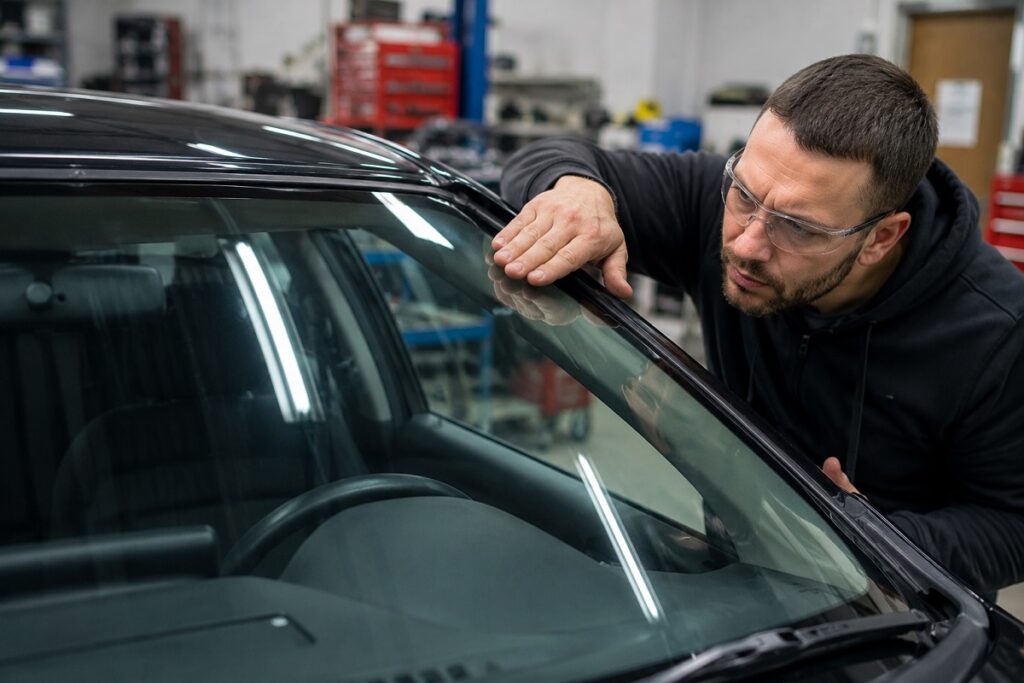 Technician testing windshield seal for air leaks after windshield replacement.
