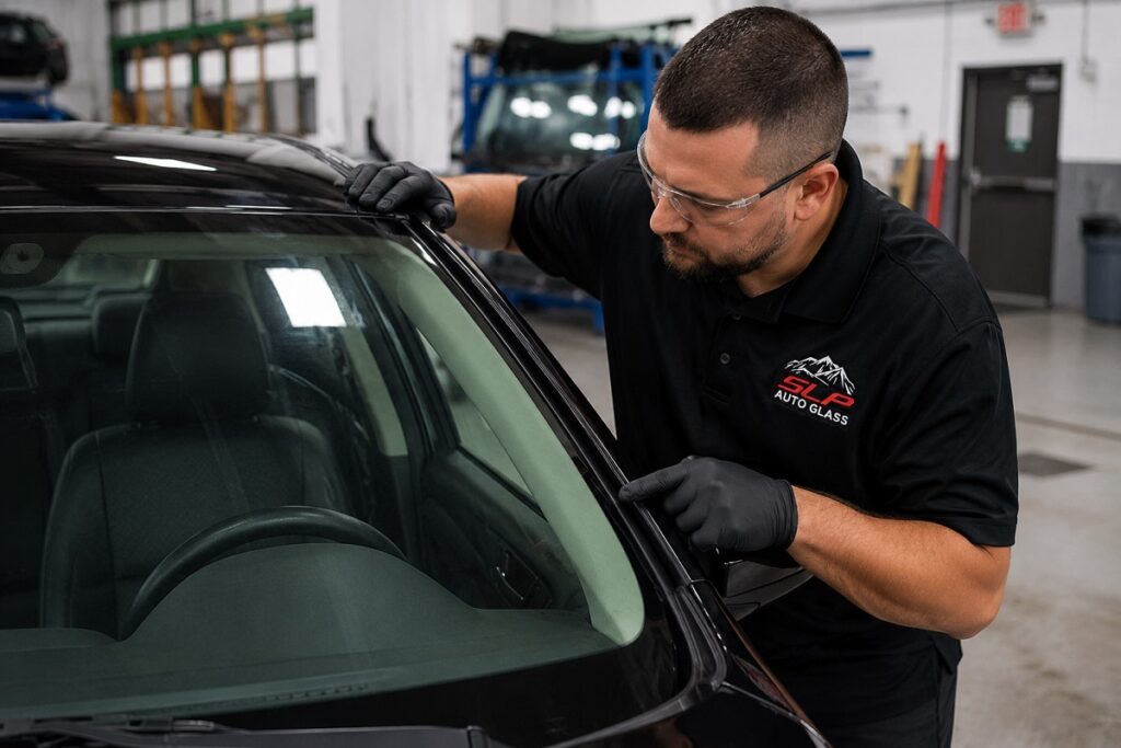 SLP Autoglass technician performing a professional windshield inspection.