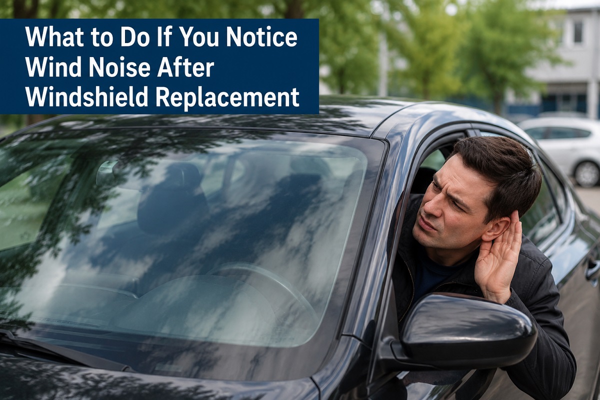Driver checking for wind noise after windshield replacement near a vehicle windshield