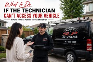 Technician assisting customer with vehicle access issue before windshield replacement service.