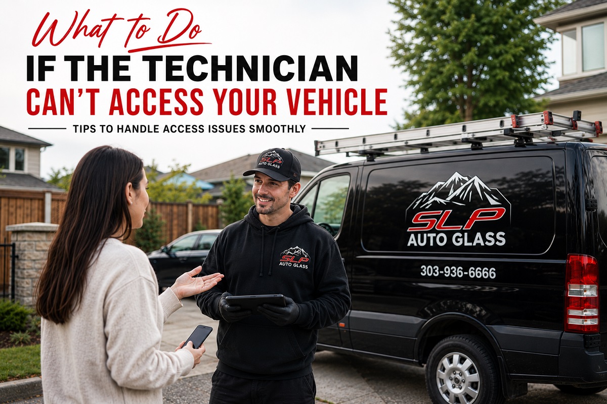 Technician assisting customer with vehicle access issue before windshield replacement service.