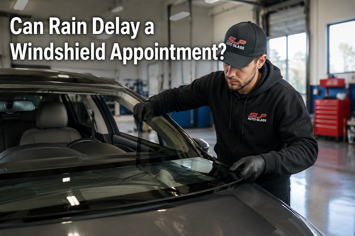 Mobile windshield replacement during heavy rain by SLP Auto Glass technician.