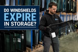 Technician inspecting a stored windshield at an auto glass warehouse for safe windshield replacement and auto glass installation.