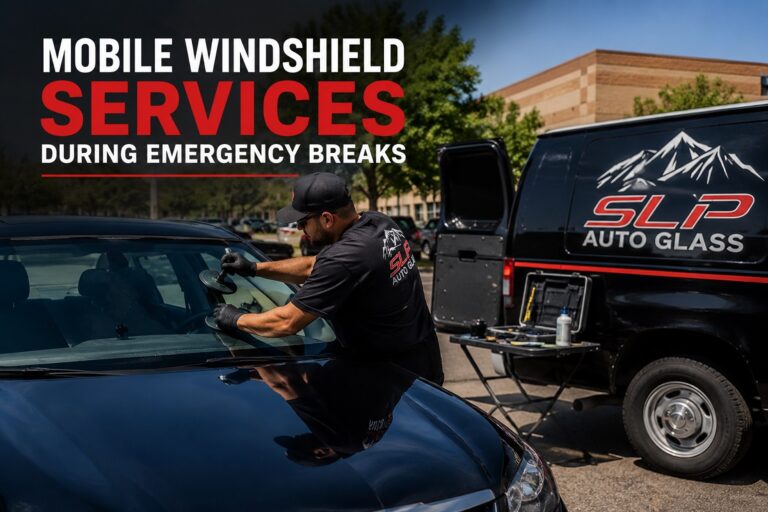 SLP Autoglass technician providing mobile windshield services during an emergency windshield replacement.