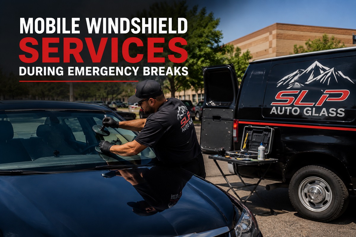 SLP Autoglass technician providing mobile windshield services during an emergency windshield replacement.