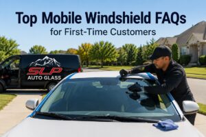 Mobile windshield replacement technician servicing a vehicle with an SLP Auto Glass service van in the background.