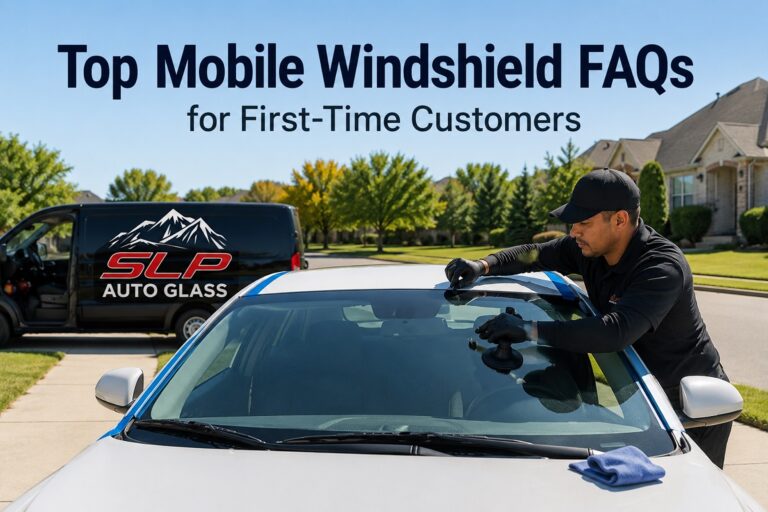 Mobile windshield replacement technician servicing a vehicle with an SLP Auto Glass service van in the background.