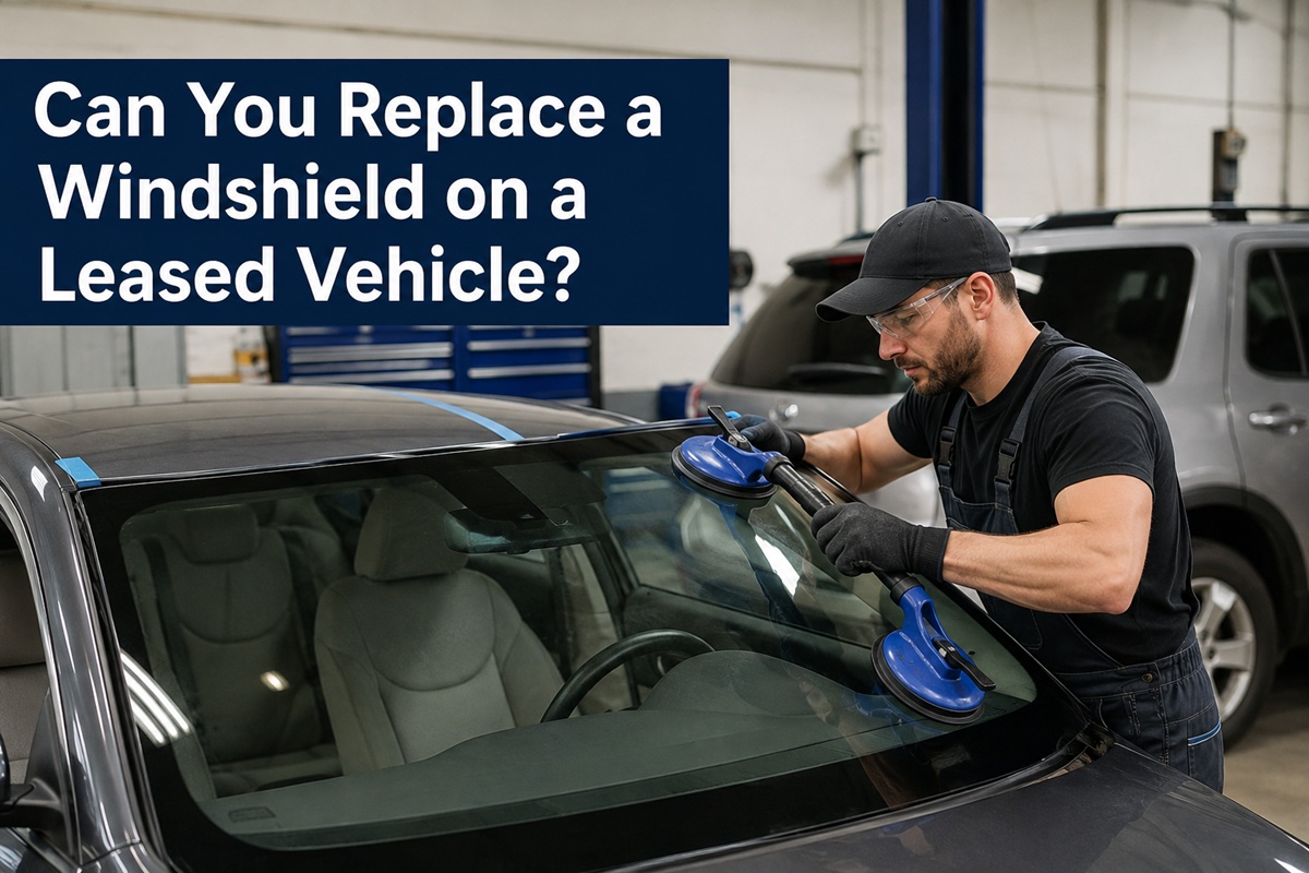 Technician replacing a windshield on a leased vehicle at an SLP Autoglass service center.