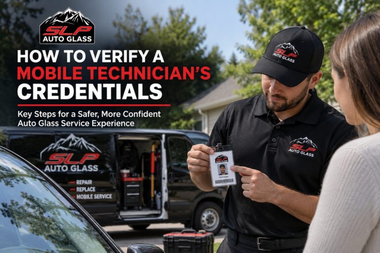 SLP Auto Glass mobile technician showing professional credentials to a customer