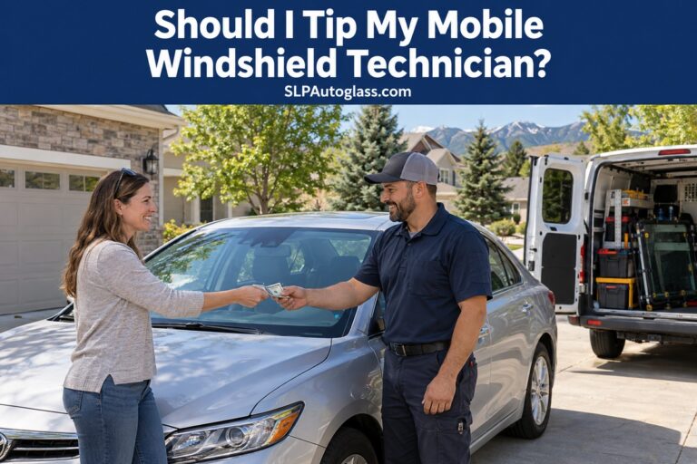 Customer tipping a mobile windshield technician beside a car after auto glass service.