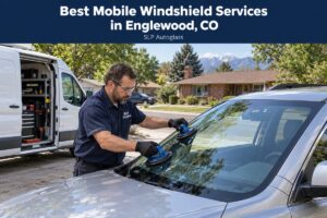 SLP Autoglass technician replacing an SUV windshield in an Englewood, CO neighborhood.