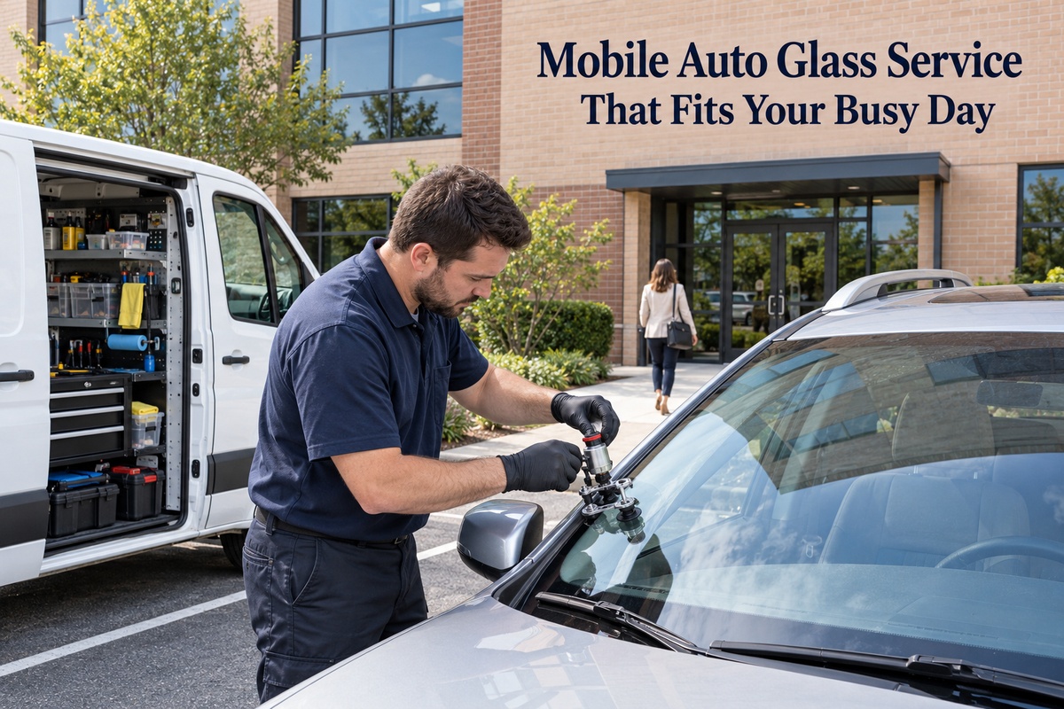 SLP Autoglass mobile glass service technician repairing a windshield at an office.