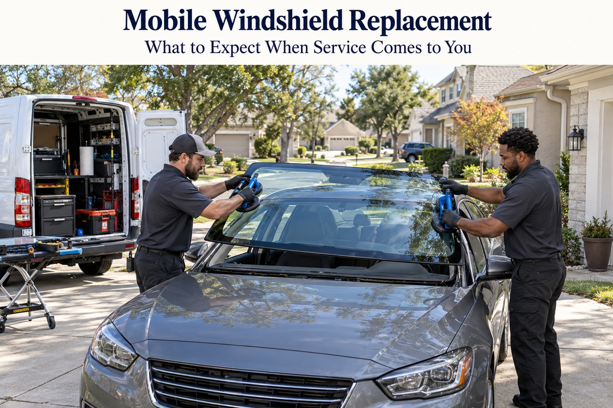 Technicians replacing a car windshield in a residential driveway.