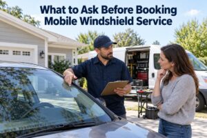 Technician discusses mobile windshield service with a customer beside a chipped windshield.